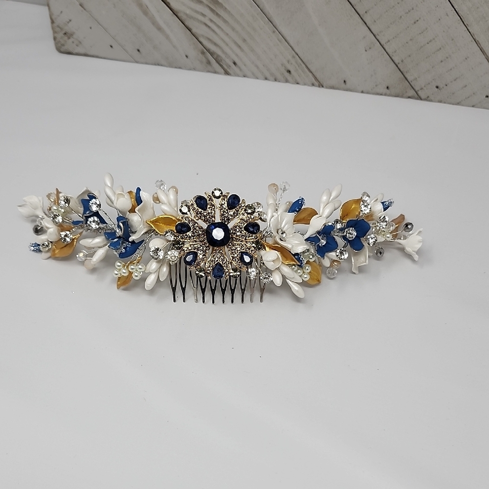 Elegant Blue and Gold Floral Headband - Picture 6 of 15
